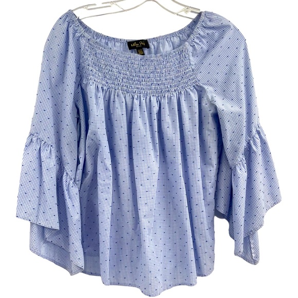 Melissa Paige Tops - Melissa Paige Gingham Print Off Shoulder Top Blue White Size Petite Large